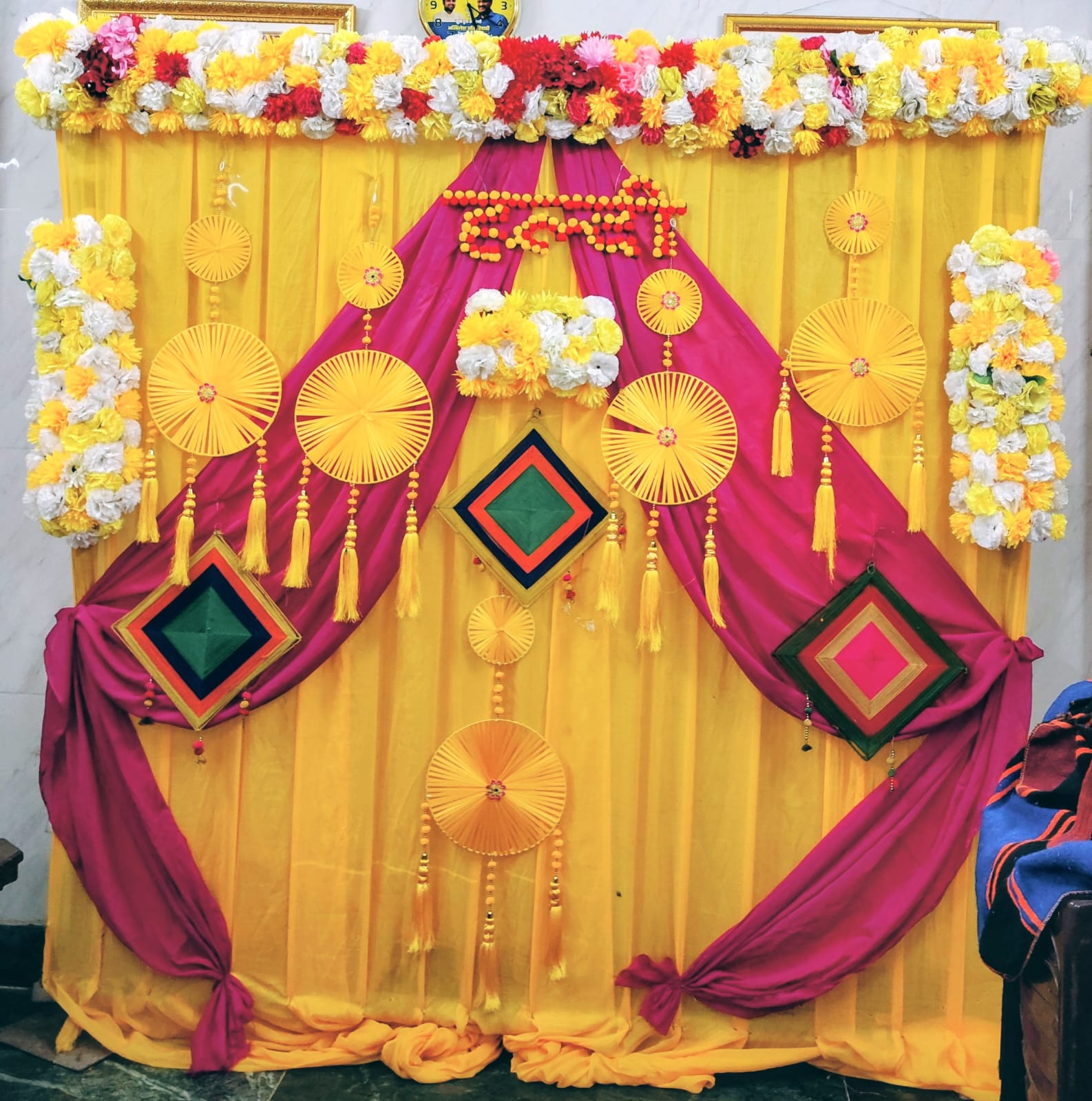 Yellow and pink haldi backdrop