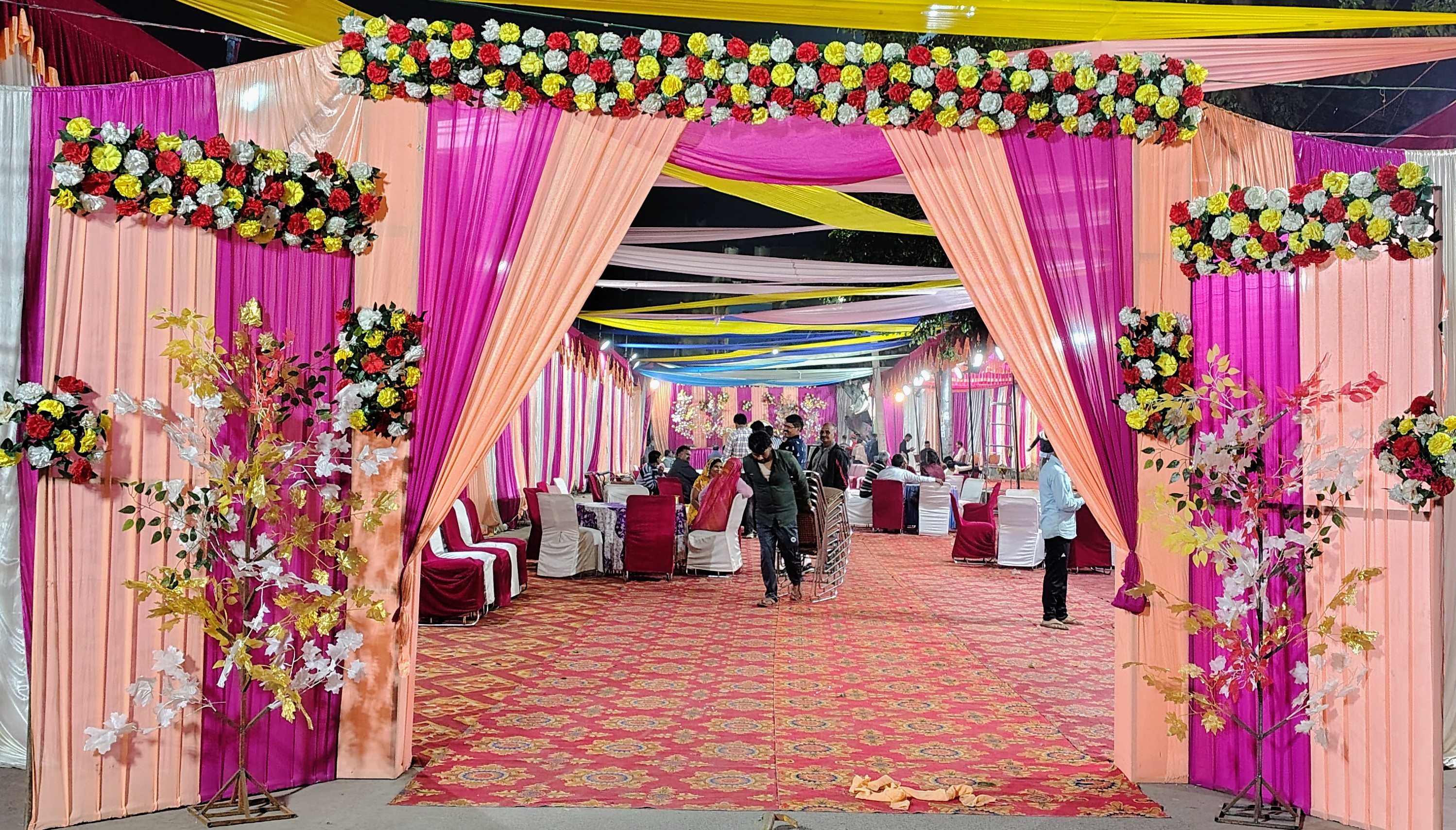 Wedding hall entrance with floral drapes